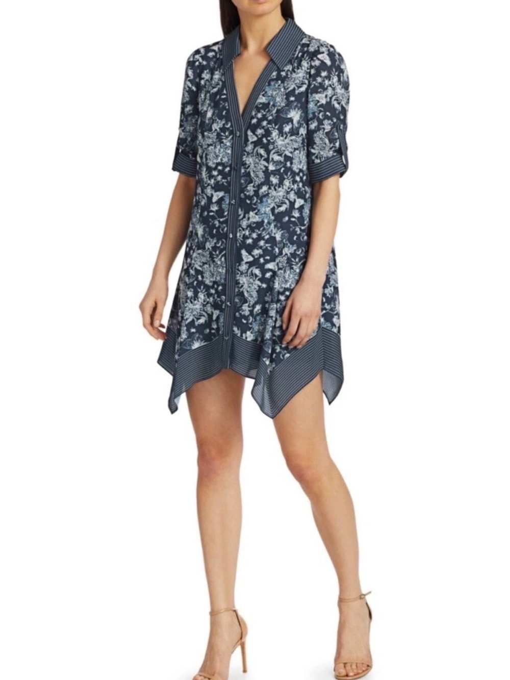 ALICE + OLIVIA Conner Roll Handkerchief Shirtdress Dress Navy Blue $395 S/P